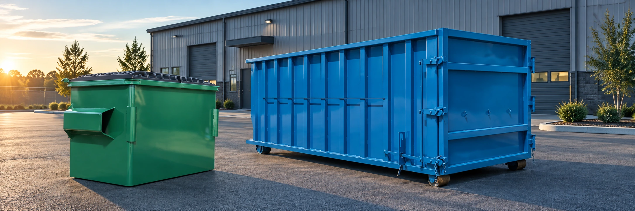 Illustrative equipment-yard scene with a blue roll-off container and green front-load container, shown with natural proportions