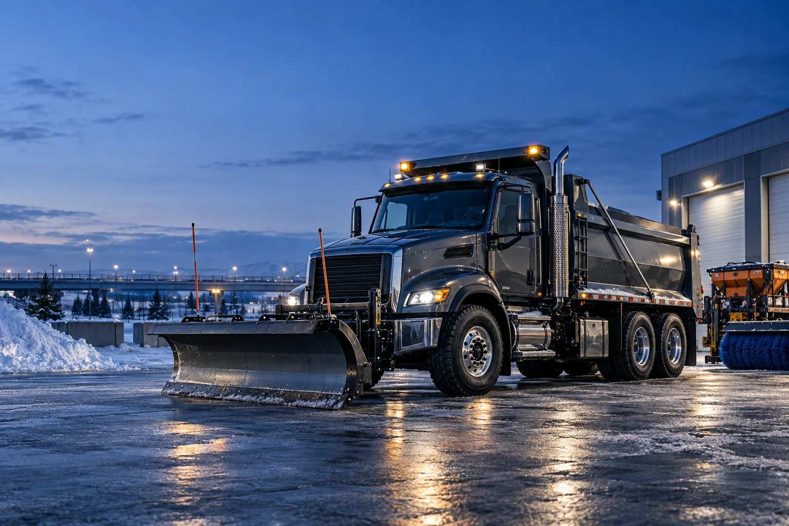 Snowplow truck ready for a winter route at dawn